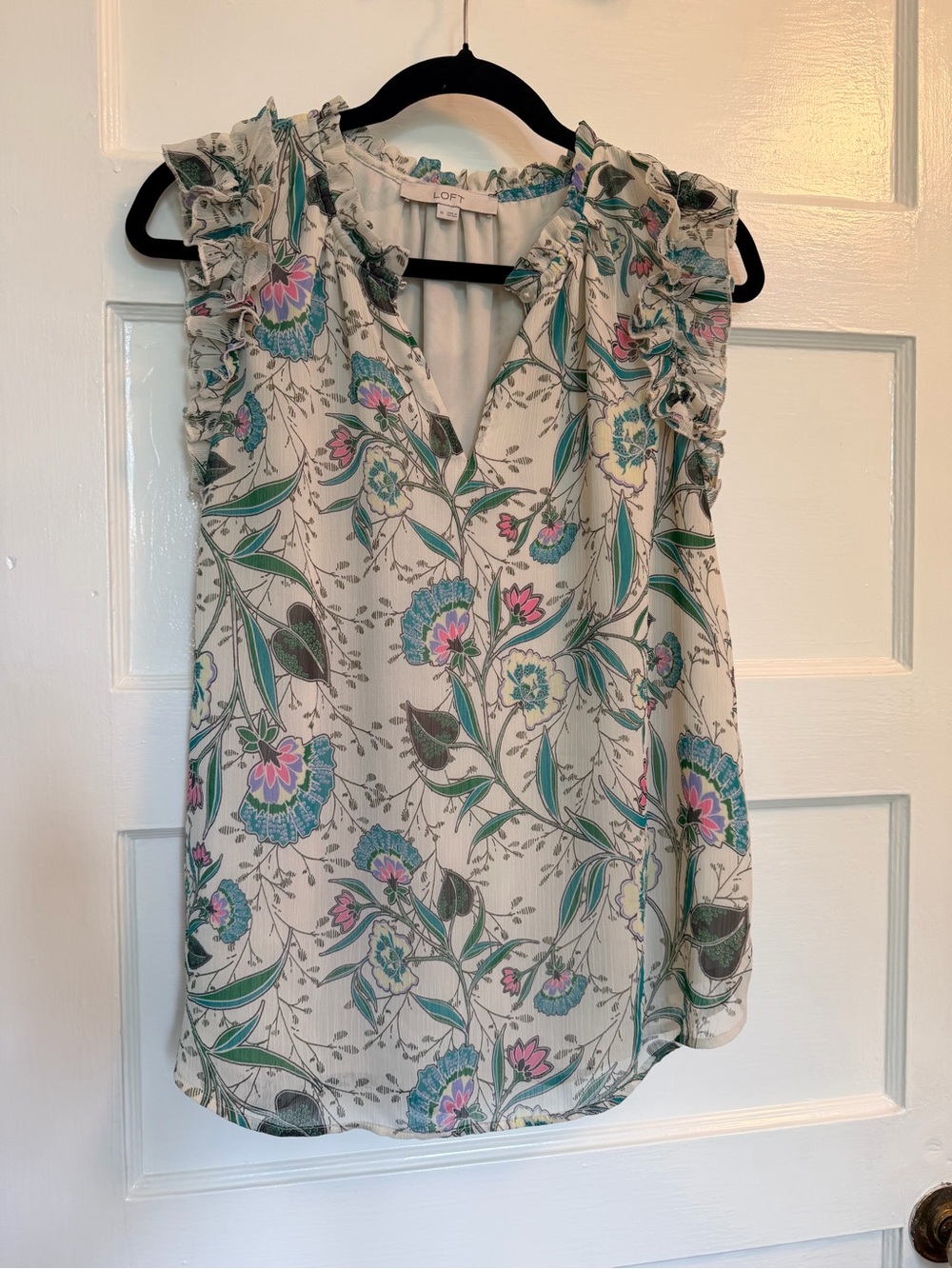 LOFT Floral Ruffle V-Neck sleeveless top in Cream, Teal, Pink
